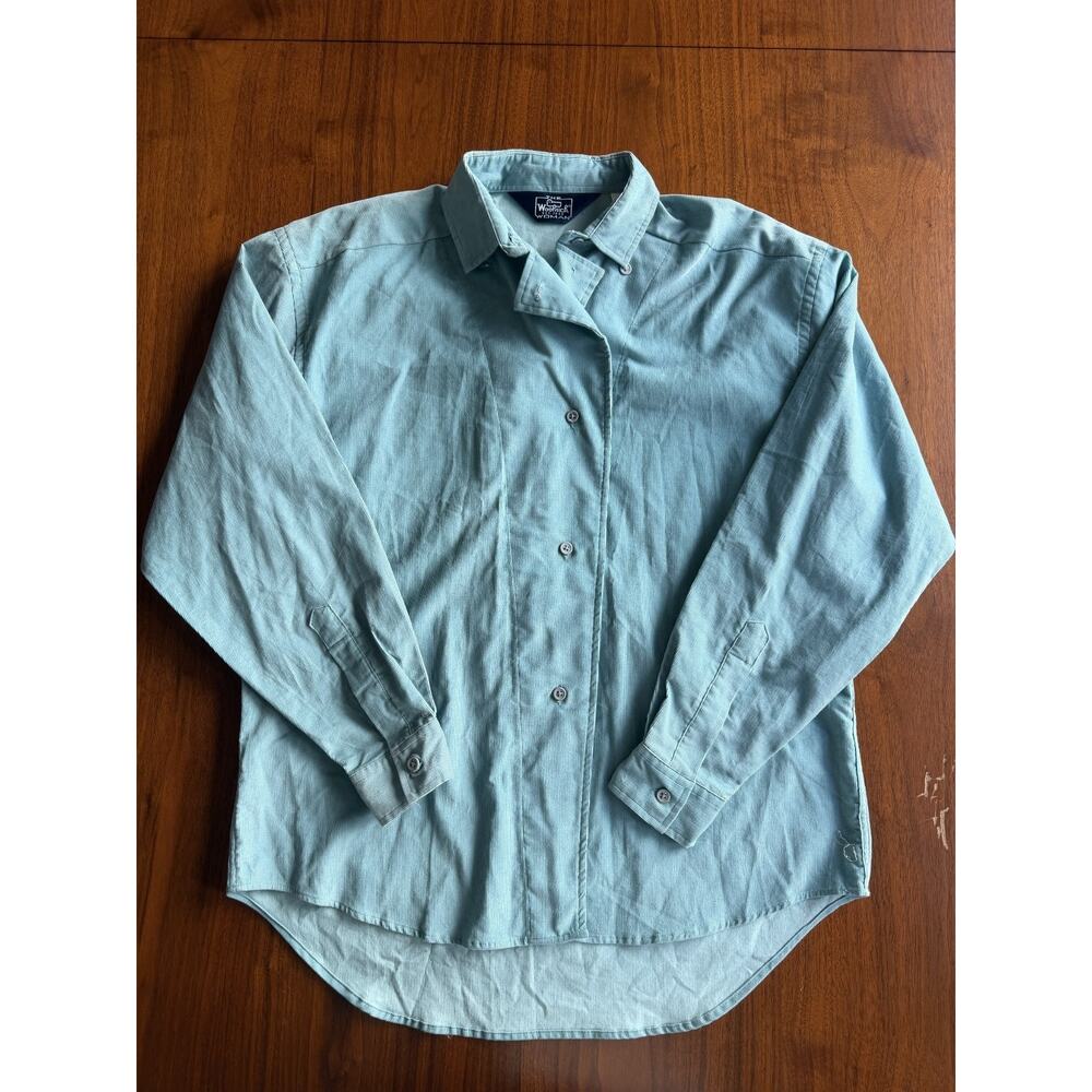 Vintage Woolrich Women's Turquoise Corduroy Button-Up - Size 10